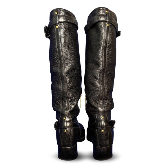 Prada Black Leather Mid-Calf Riding Boots EU 40 / US 9.5 Gold Buckle Detail - Picture 5 of 10